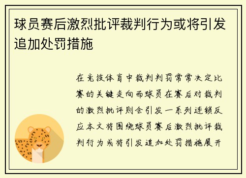 球员赛后激烈批评裁判行为或将引发追加处罚措施
